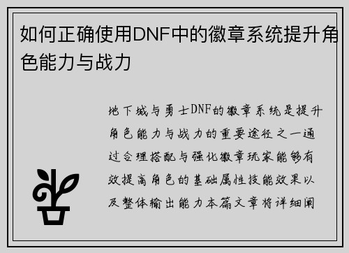 如何正确使用DNF中的徽章系统提升角色能力与战力 如何正确使用DNF中的徽章系统提升角色能力与战力